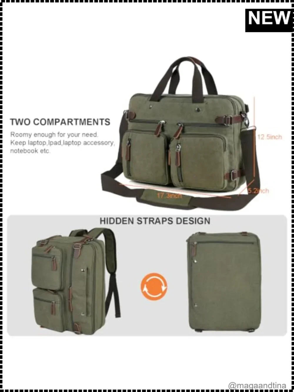 3-in-1 Convertible Canvas Messenger Bag 17.3 inch Laptop Briefcase Backpack
